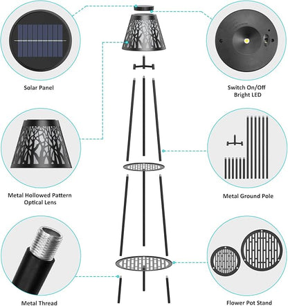 MXwcy 2-Tier Solar Plant Stand with Light, Outdoor Waterproof Floor Lamp with Tree Branch Cutout Lampshade, Tall Metal Planter Holder Display Rack for Patio, Porch, Garden, Balcony Decor (2 Pack)