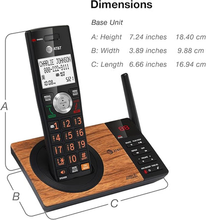 AT&T CL82167 Cordless Phone with Answering Machine, Call Blocking, Caller ID Announcer, Intercom and Long Range, Black & Wood Grain Finish