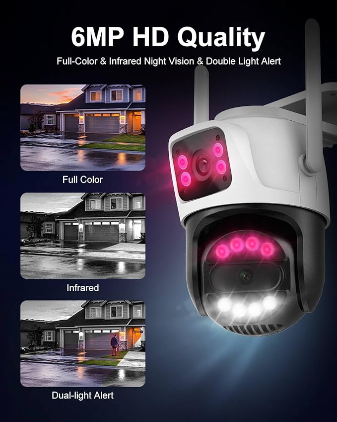 6MP Dual Lens Outdoor Security Camera Outdoor, WiFi Home Surveillance Camera, 2.4GHz Wireless, PTZ, 355°Pan, 90°Tilt, Human Detection & Auto Tracking, 2-Way Audio, IP66, Night Vision, 24/7 recording