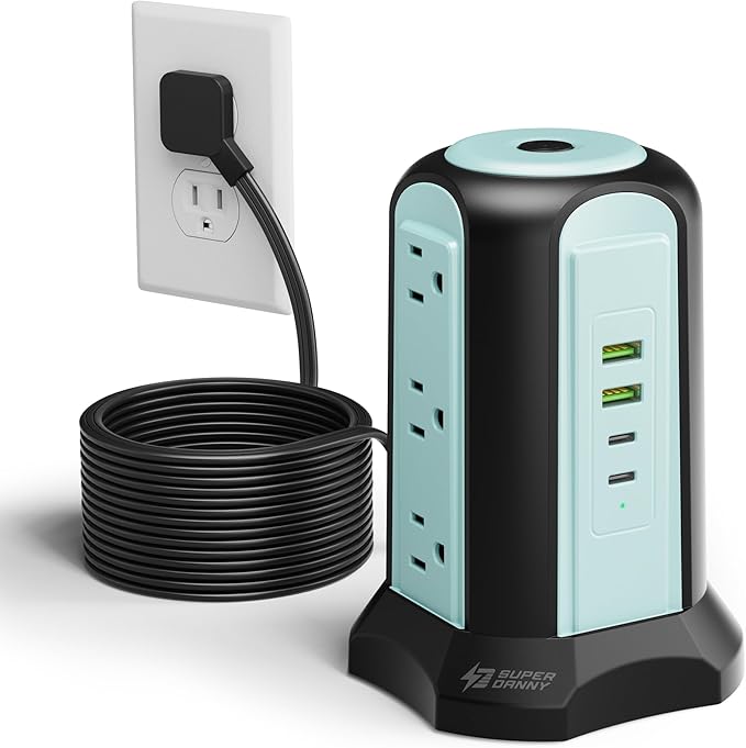 15Ft Long Extension Cord Power Strip Tower Surge Protector, Desktop Charging Station with Multiple Outlets, 9 Outlets, 4 USB (2 USB-C), 1080J Multiple Protections Outlet Extender for Home Office Blue