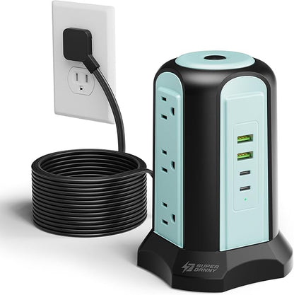 15Ft Long Extension Cord Power Strip Tower Surge Protector, Desktop Charging Station with Multiple Outlets, 9 Outlets, 4 USB (2 USB-C), 1080J Multiple Protections Outlet Extender for Home Office Blue