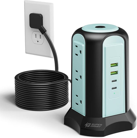 15Ft Long Extension Cord Power Strip Tower Surge Protector, Desktop Charging Station with Multiple Outlets, 9 Outlets, 4 USB (2 USB-C), 1080J Multiple Protections Outlet Extender for Home Office Blue
