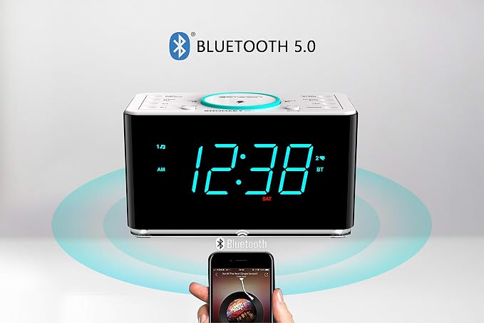 Emerson ER100401 Smartset 15Watt Ultra Fast Wireless Charging Dual Alarm Clock Radio with Bluetooth Speaker, USB Charger, Cyan LED Night Light and 1.4" Display