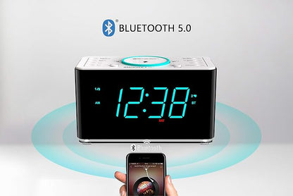 Emerson ER100401 Smartset 15Watt Ultra Fast Wireless Charging Dual Alarm Clock Radio with Bluetooth Speaker, USB Charger, Cyan LED Night Light and 1.4" Display