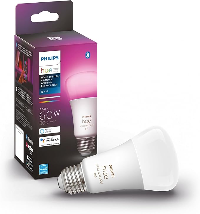 Philips Hue Smart Light Starter Kit - Includes (1) Bridge and (2) 60W A19 LED Bulb, 800LM, E26 & Smart 60W A19 LED Bulb - White and Color Ambiance Color-Changing Light - 1 Pack - 800LM