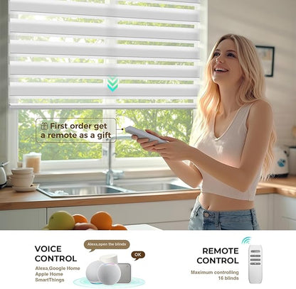 HeyBlinds Motorized Zebra Blinds with Remote, Smart Cordless Electric Zebra Shades for Indoor Windows Compatible with Alexa Google & Homekit, Custom Size (Simple-White LF)