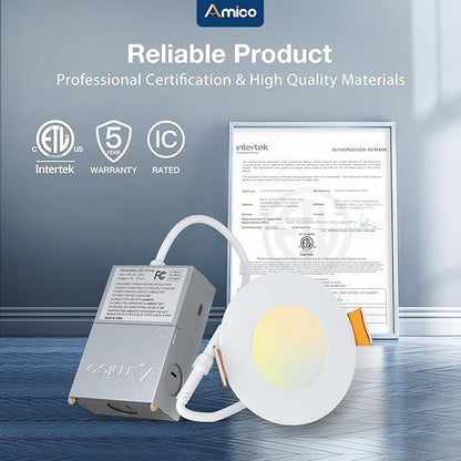 Amico 36 Pack 3 Inch 5CCT Ultra-Thin LED Recessed Ceiling Light with Junction Box, 2700K/3000K/3500K/4000K/5000K Selectable, 7W Eqv 60W, Dimmable Canless Wafer Downlight, 500LM High Brightness -ETL