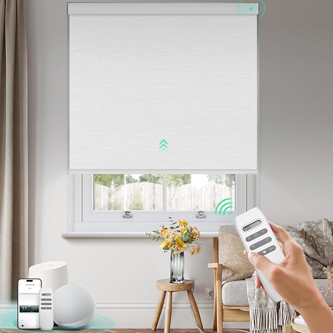HeyBlinds Blackout Motorized Smart Blinds with Remote, Automatic Electric Shades for Windows (Moon Bay- White BO, 54" W x 72" H)