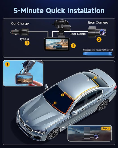 COOLCRAZY Dash Cam Front Rear - 4K+1080P Full HD Dashcam Free 64GB Card, with 5G WiFi GPS, Dual Dash Camera for Cars with 3" IPS Screen, Night Vision, HDR, App Control, 24H Parking Mode, Loop Record