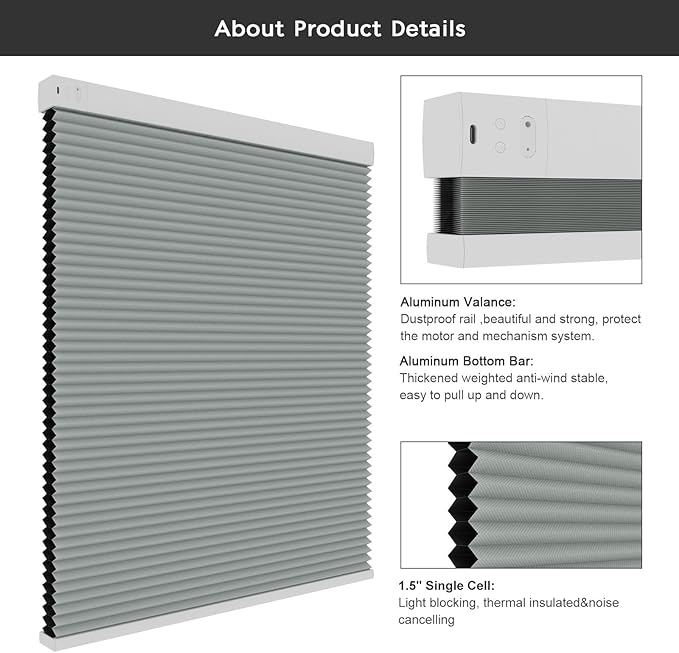 Changshade Motorized Blackout Cellular Shades for Indoor Windows Smart Blinds Automatic Electric Power with Remote Control, Custom Size Honeycomb Blind Compatible with Alexa, Google Home, Grey