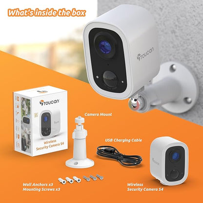 TOUCAN S4 Wireless Security Camera + Solar Panel Charger Bundle 2K Quad HD Battery Powered Outdoor Camera, Motion Detection Alerts, Two-Way Audio, Night Vision, No Subscription Required