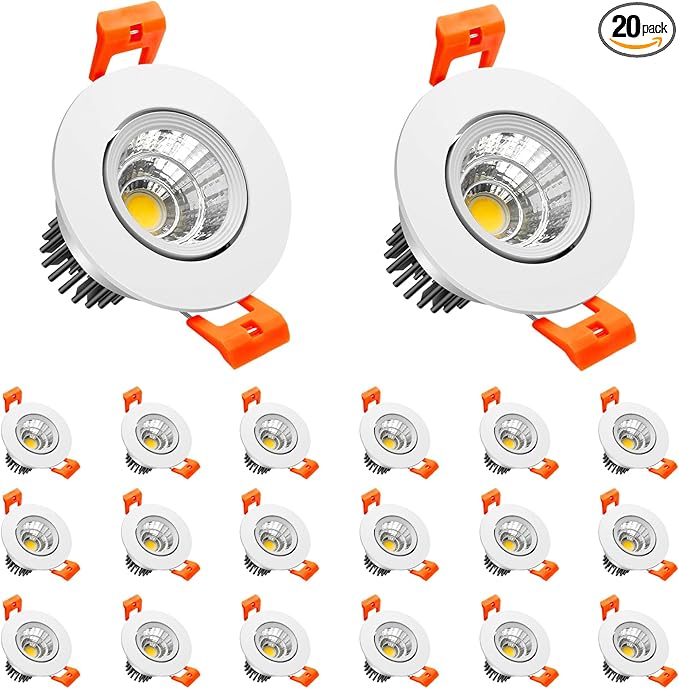 LightingWill 2inch LED Dimmable Downlight, 3W COB Recessed Ceiling Light, Daylight White 5500K-6000K, CRI80, 25W 220LM Halogen Bulbs Equivalent, White (20 Pack)