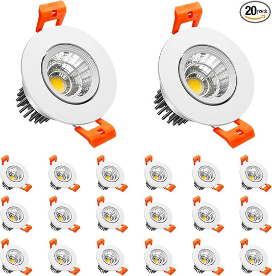 LightingWill 2inch LED Dimmable Downlight, 3W COB Recessed Ceiling Light, Daylight White 5500K-6000K, CRI80, 25W 220LM Halogen Bulbs Equivalent, White (20 Pack)