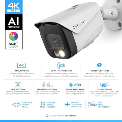 Amcrest 2-Pack UltraHD 4K IP PoE AI Camera, FOV 129°, 49ft Color Nightvision, Security Outdoor Bullet Camera, Human & Vehicle Detection, Active Deterrent, 4K @15fps, 2PACK-IP8M-2796EW-AI (White)