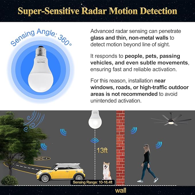 DiCUNO Radar Motion Sensor Light Bulbs Outdoor, 12W (100W Equivalent), Motion Sensor Bulb Auto On/Off, Warm White 3000K, 1100 LM, A19 E26 Indoor/Outdoor Lighting for Front Porch Garage, 2-Pack