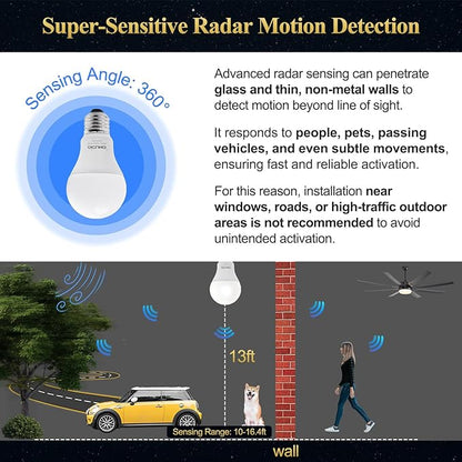 DiCUNO Radar Motion Sensor Light Bulbs Outdoor, 12W (100W Equivalent), Motion Sensor Bulb Auto On/Off, Warm White 3000K, 1100 LM, A19 E26 Indoor/Outdoor Lighting for Front Porch Garage, 2-Pack