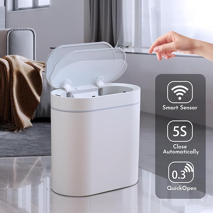SYNCVIBE Bathroom Trash Can with Lid 2 Gallon Slim Motion Sensor Garbage Can Narrow Automatic Plastic Trash Bin for Bedroom, Living Room, Toilet, Office (White)