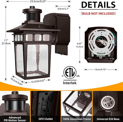 Porch Light with GFCI Outlet, Bronze Dusk to Dawn Motion Sensor Outdoor Lights, 3-Mode Wall Exterior Lighting Fixture, Waterproof Outside Lights Sconce for House Front Door Patio Garage