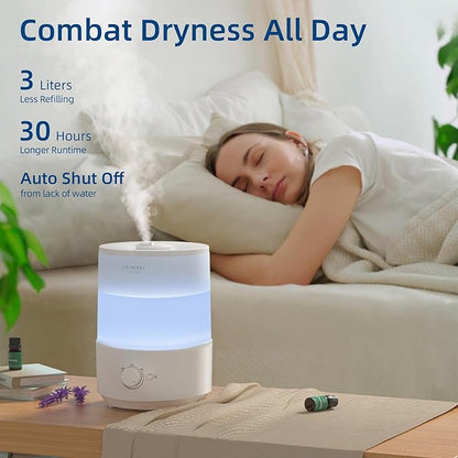 ASAKUKI Humidifiers for Bedroom, 3L Top Fill Cool Mist Humidifiers for Baby Nursery & Plants, 3-IN-1 Quiet Air Humidifier, Oil Diffuser & Night Light for Large Room Home, Auto Shut-off, BPA-Free, 30H