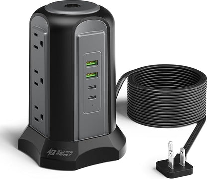 15Ft Extension Cord Power Strip Tower Surge Protector, Desktop Charging Station with Multiple Outlets, 9 Outlets, 4 USB (2 USB-C), 1080J, Multiple Protections Outlet Extender for Home, Office, Dorm