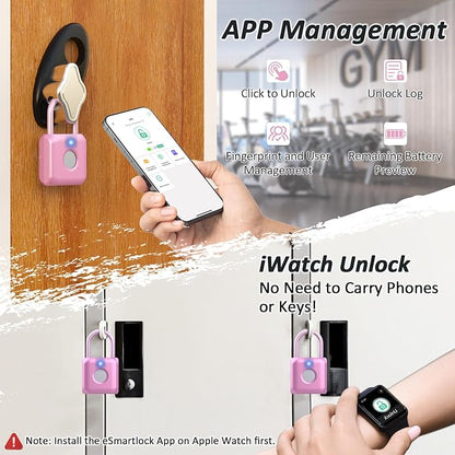 Pothunder Fingerprint Padlock, Smart Padlock, Locker Lock, Combination Lock, Fingerprint Lock with APP Unlock, USB Rechargeable, Suitable for Gym Locker, Door, Locker(Pink)