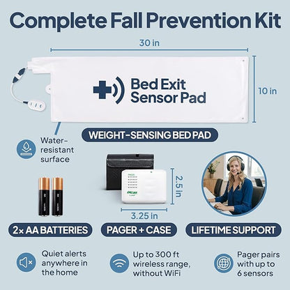 Smart Caregiver Bed Exit Alarm with Wireless Pager - Early Alert Fall Prevention for Seniors and Elderly - Weight Sensing Bed Pad Alerts Caregiver When They Get Up - USA Company and Customer Service