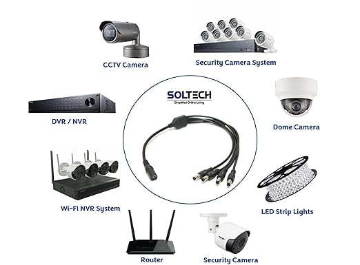 SOLTECH 4Way DC Power Supply Splitter for Security Cameras 1 Female to 4 Male 5.5 * 2.1mm 4 Channel Y Adaptor for 12V CCTV Surveillance Cameras