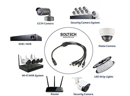 SOLTECH 4Way DC Power Supply Splitter for Security Cameras 1 Female to 4 Male 5.5 * 2.1mm 4 Channel Y Adaptor for 12V CCTV Surveillance Cameras