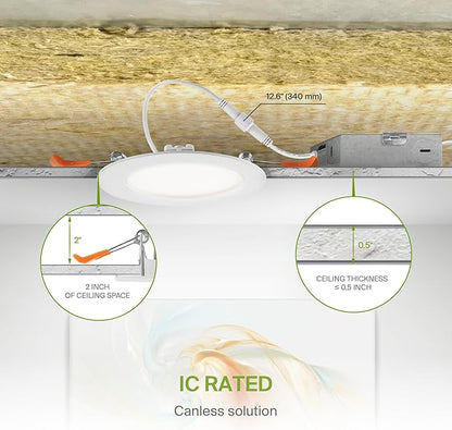 ASD 6 Pack LED Recessed Lighting 4 Inch 12W, 5 CCT 2700K-5000K CRI90+, IC Rated Ultra Thin Dimmable Ceiling Lights with J Box, Canless Wafer Downlight, Round Slim Panel Light, Energy Star ETL, White