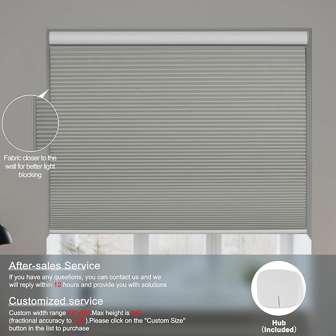 BERISSA Motorized Cellular Shades, Blackout Smart Honeycomb Blinds with Remote Control & Hub, Custom Room Darkening Automatic Cellular Window Blinds for Home Office, Living Room, Door,Gray