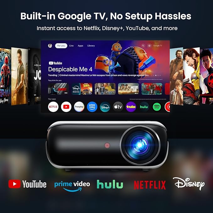 Official Licensed Google TV - HAPPRUN Native 1080P Outdoor Smart Projector | Google TV • 10K+ Apps • 4K Decoding • Dolby & AirPlay • Wi-Fi & Bluetooth • Outdoor Ready • Plug & Play • PS5 Compatible
