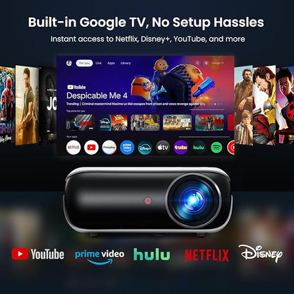 Official Licensed Google TV - HAPPRUN Native 1080P Outdoor Smart Projector | Google TV • 10K+ Apps • 4K Decoding • Dolby & AirPlay • Wi-Fi & Bluetooth • Outdoor Ready • Plug & Play • PS5 Compatible