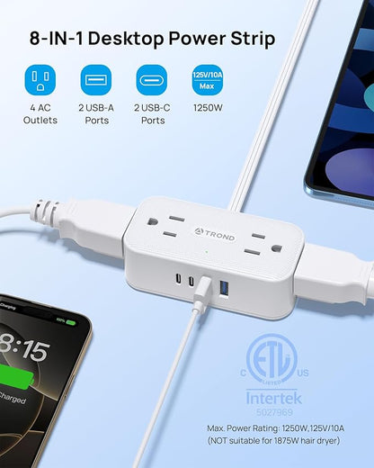 TROND 360° Rotating Flat Plug Power Strip, 3FT Extension Cord with 4 USB Ports, 4 Wide Spaced AC Outlets, Wall Mount, 900J Surge Protector for Office Travel Dorm Room Essentials, White