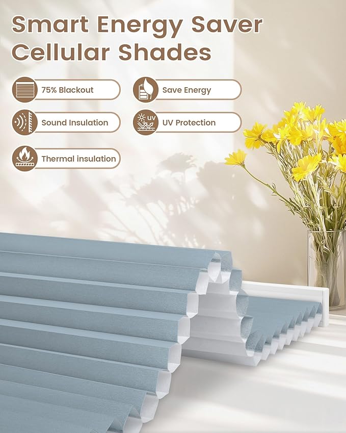Kincmo Motorized Cellular Shades, Custom Motorized Blinds with Remote, Cordless Smart Electric Honeycomb Blinds Work with Apple HomeKit, Alexa, Google (75%-Blackout-Single-Cell Blue)