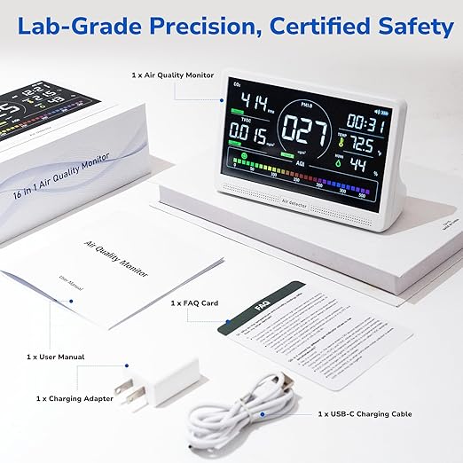 Fil-Fresh 16 in 1 Air Quality Monitor Indoor, CO2 Monitor Air Quality Tester with 9 Display+7 AQI Alerts for CO2, TVOC, HCHO, PM2.5, PM1.0, PM10, Time, Temperature, Humidity Meter, 7" Large Display