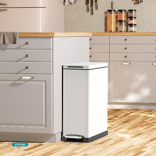 Home Zone Living 12 Gallon Slim Kitchen Trash Can with Soft Close Lid, Step Pedal, Bag Tuck Band, and Removable Liner, Stainless Steel, Matte White