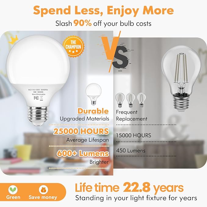 Brightever G25 LED Light Bulbs 60 Watt Equivalent, 2700K Warm White LED Globe Light Bulbs with E26 Base for Bathroom, 5W Round Light Bulb for Vanity Mirror, CRI85+, 600LM, Non-Dimmable, 4-Pack
