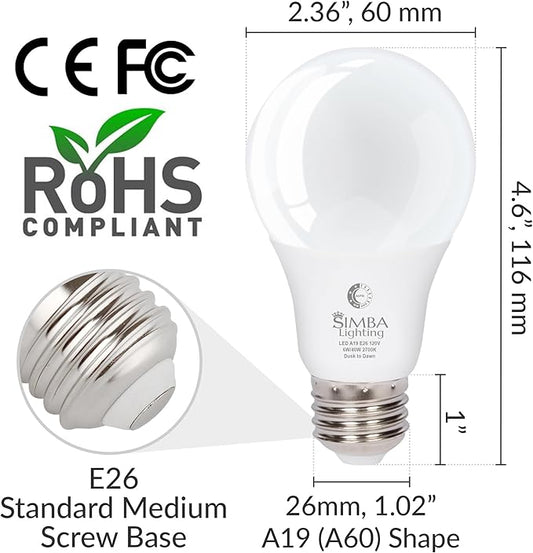 Simba Lighting LED Outdoor Light Bulbs with Photocell Sensor Dusk to Dawn Smart Auto On and Off (2 Pack) A19 6W 40W Replacement for Porch, Night Light, Garage Door, E26 Medium Base, 2700K Warm White