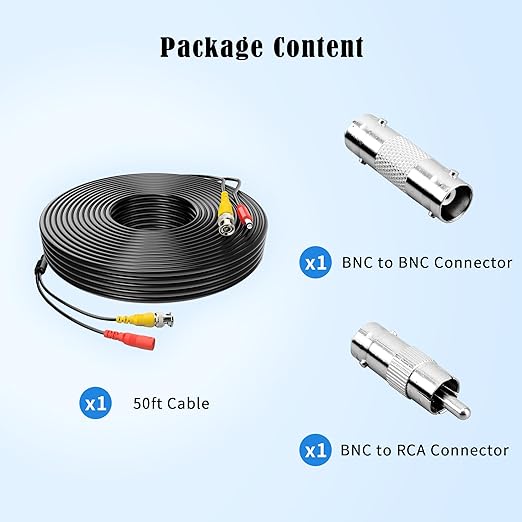 1 Pack 50ft BNC Video Power Cable Security Camera Cable Wire Cord for CCTV DVR Surveillance System with Connectors (BNC Female and BNC to RCA) (Black, 50FT)