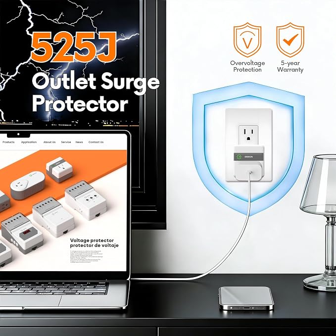 GIDEON Single Outlet Surge Protector, Voltage Protector for Refrigerator, Air Conditioner & Home Appliances, 120V 15A 1800W Wall Plug, Over & Under Voltage Protection with LED Indicator