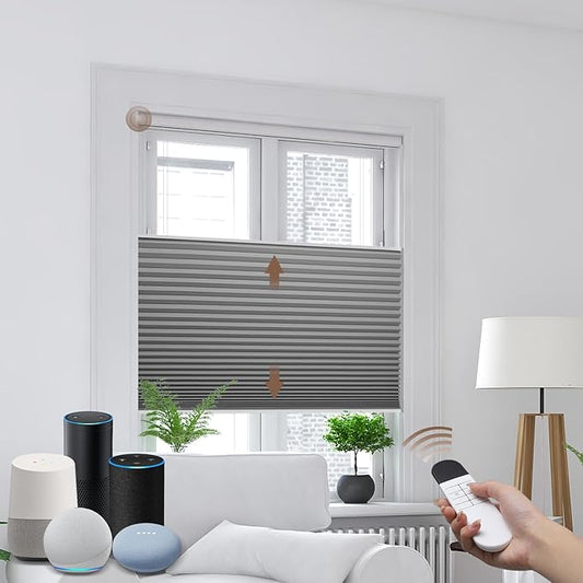 Godark Motorized TDBU Cellular Shades with Remote Control Smart Honeycomb Blinds Compatible with Alexa Google Home Smarthings Custom Double Cellular Blackout for Indoor Windows Doors-Grey