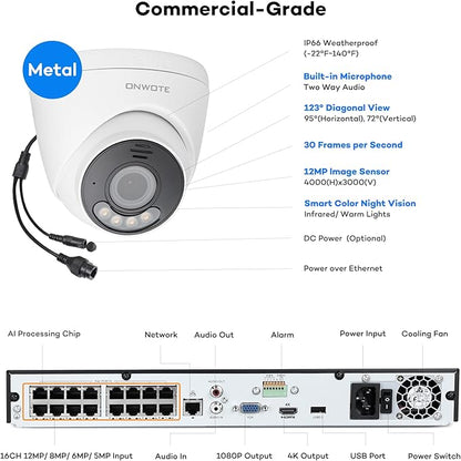 ONWOTE 12MP Security Camera System PoE 8TB HDD, 12 Million Pixels @30fps, 2 Way Talk, Smart Color Night, 10x 12MP IP Cameras with IMX577 Image Sensor, 16CH 6K Commercial NVR, 10x Cables (Total 800ft)