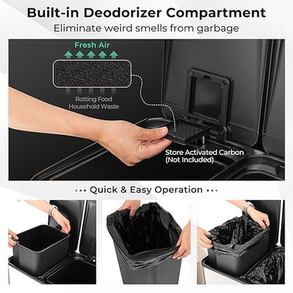 Goplus Dual Trash Can, 16 Gallon/ (2x30L) Double Trash and Recycling Bin Combo for Kitchen, Stainless Steel Garbage Can with 2 Removable Inner Buckets, Soft Closure & Step-on Pedal