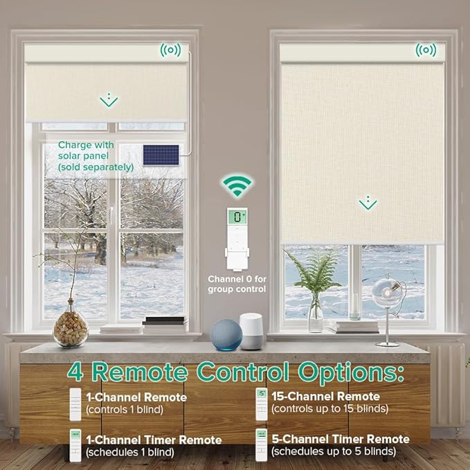 Motorized Roller Shades, 10O% Blackout Remote Control Custom Window Shades Compatible with Alexa Google Assistant via RF Hub, Rechargeable Electric Blinds for Windows (Fabric Beige)