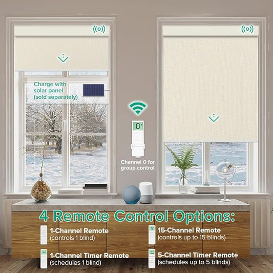 Motorized Roller Shades, 10O% Blackout Remote Control Custom Window Shades Compatible with Alexa Google Assistant via RF Hub, Rechargeable Electric Blinds for Windows (Fabric Beige)