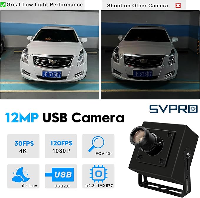 SVPRO 12MP USB Camera Module 4K 30fps Narrow Field of View Industrial Cam 1080P 120fps High Speed UVC Computer Lightburn Laser Camera for Linux,Windows,Android,Mac OS (M12 Lens)