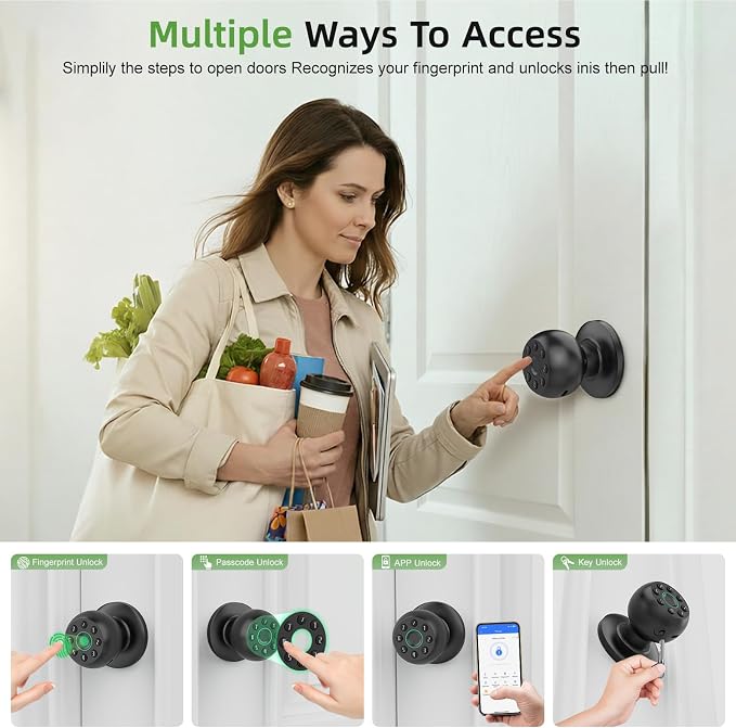 Fingerprint Door Knob, Smart Door Knob, Biometric Door Knob with Code, App Control, Auto Lock, Fingerprint Door Lock,Thumb Print Door Knobs for Bedroom, Office, Apartment