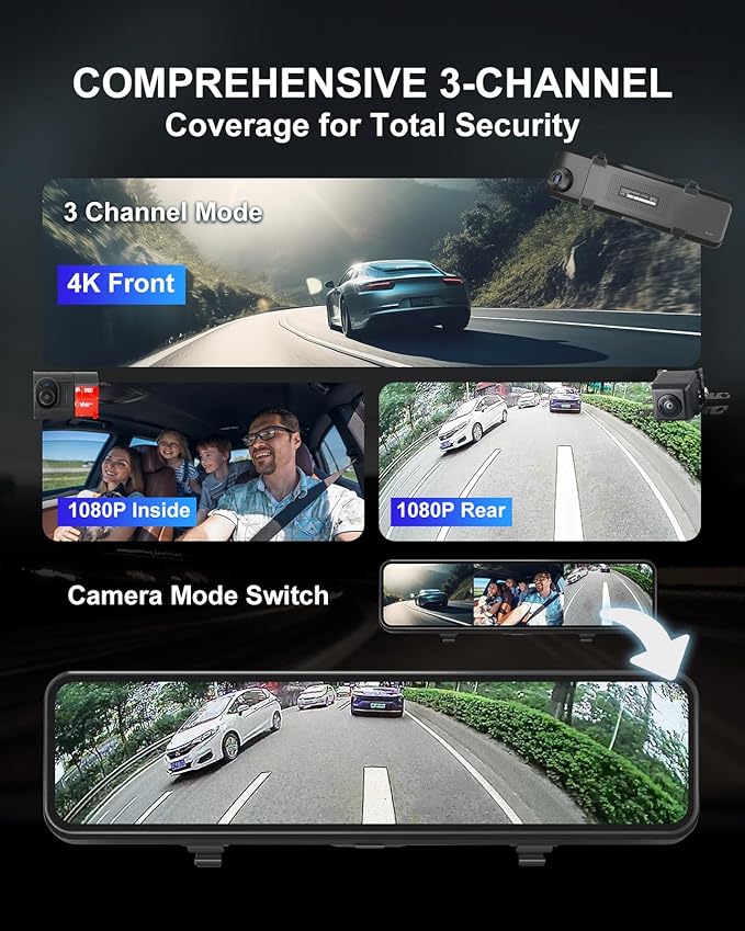 4K 3 Channel Mirror Dash Cam, 10.88" Triple Rear View Mirror Dash Camera Front Inside Rear for Car RV Truck, Night Vision, 64GB Card, WDR, G-Sensor, 24H Parking Monitor (INS102-3CH)