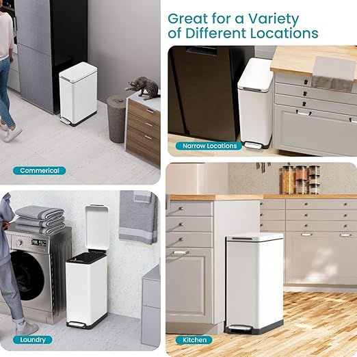 Home Zone Living 12 Gallon Slim Kitchen Trash Can with Soft Close Lid, Step Pedal, Bag Tuck Band, and Removable Liner, Stainless Steel, Matte White