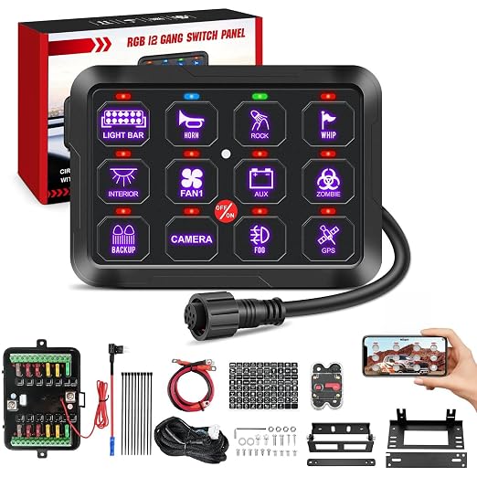 Nilight 12 Gang Switch Panel Relay System w/APP Control Automatic Dimmable | RGB Backlight Panel Circuit Control Fuse Wiring Harness ON Off LED Switches Pod for 12V 24V Cars Trucks Campers SUV